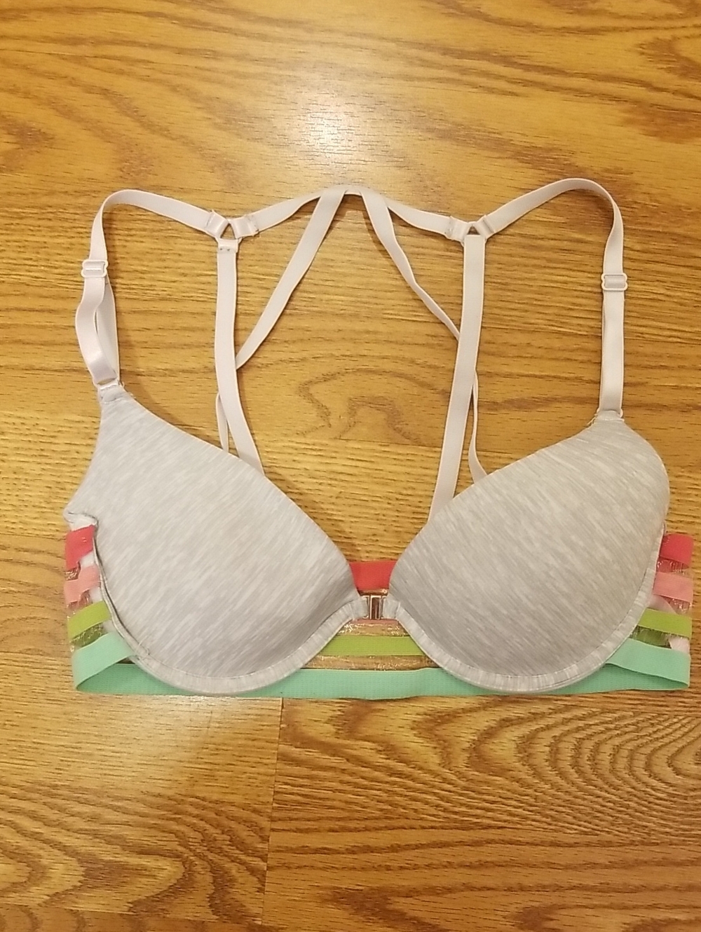 Light Gray Strappy Push-Up Bra with Multicolor Band